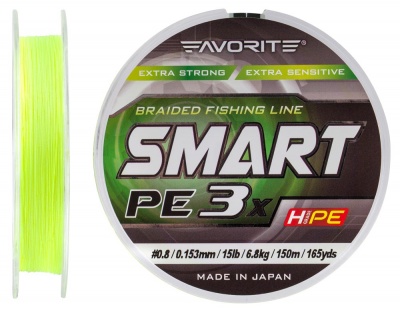 Шнур Favorite Smart PE 3X #0.8, 0.153mm, 6.8kg, Fluo Yellow, 150M