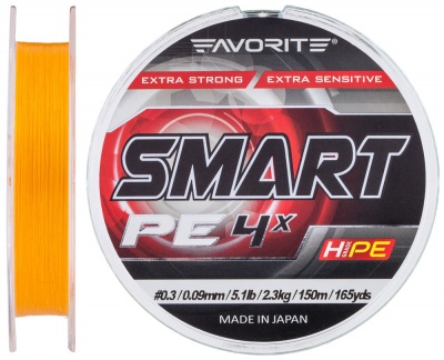 Шнур Favorite Smart PE 4X #0.3, 0.09mm, 2.3kg, Orange, 150M